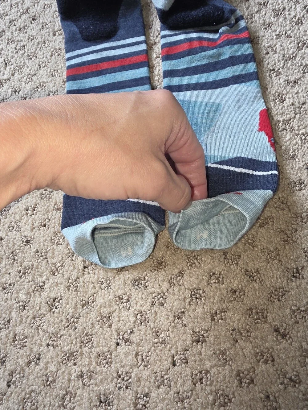 Darn Tough Over The Calf Kids' Light Blue & Navy Crew Socks with Red Accent